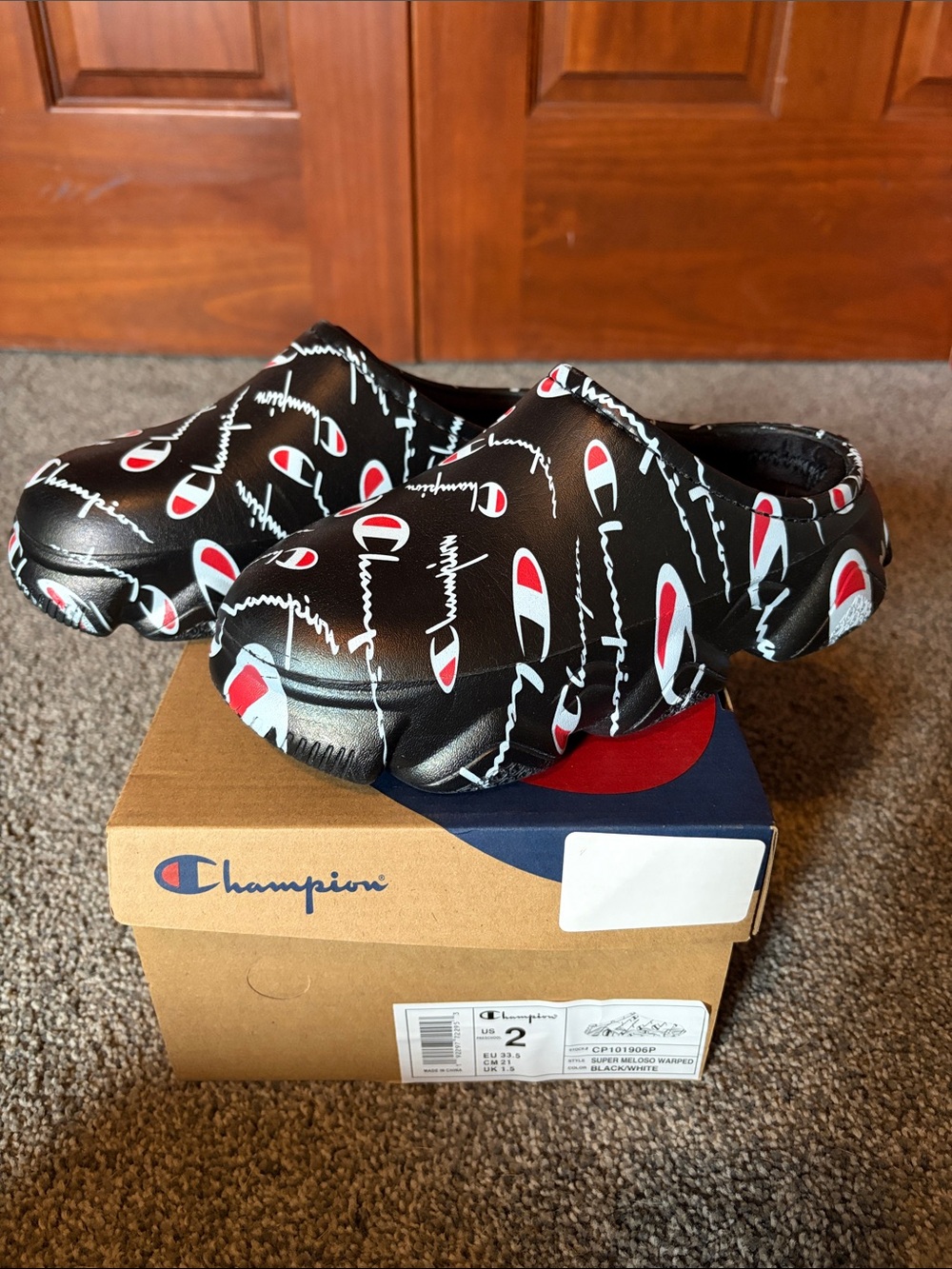 Champion Black Clogs with Red & White Logo Print (NWOT)